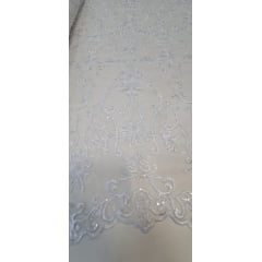 Tule Bordado com Pedrarias Brancas W7225 - Largura 1,40 m x Comprimento 0,80 cm