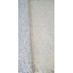 Tule Bordado com Pedrarias Brancas W7225 - Largura 1,40 m x Comprimento 0,80 cm