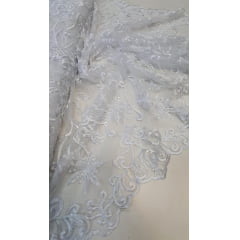 Tule Bordado com Pedrarias Brancas W7225 - Largura 1,40 m x Comprimento 0,80 cm