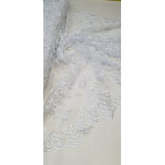 Tule Bordado com Pedrarias Brancas W7225 - Largura 1,40 m x Comprimento 0,80 cm
