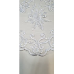Tule Bordado com Pedrarias Brancas W7225 - Largura 1,40 m x Comprimento 0,80 cm