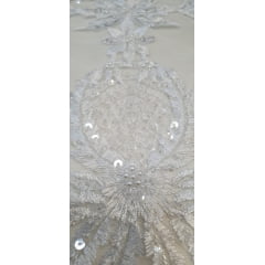 Tule Bordado com Pedrarias Brancas W7225 - Largura 1,40 m x Comprimento 0,80 cm