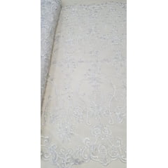 Tule Bordado com Pedrarias Brancas W7225 - Largura 1,40 m x Comprimento 0,80 cm