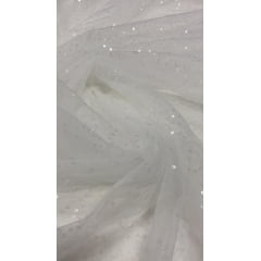 Tule Bordado Caminho Sem Fim Branco com Paetê Transparente - Largura 1,30 m x Comprimento 1,50 m 