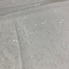Tule Bordado Caminho Sem Fim Branco com Paetê Transparente - Largura 1,30 m x Comprimento 1,50 m 