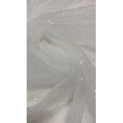 Tule Bordado Caminho Sem Fim Branco com Paetê Transparente - Largura 1,30 m x Comprimento 1,50 m 