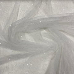 Tule Bordado Caminho Sem Fim Branco com Paetê Transparente - Largura 1,30 m x Comprimento 1,50 m 