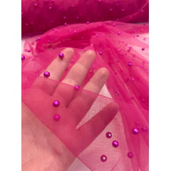 Tule Iluzione com Pérolas Pink - Largura 1,60 m x Comprimento 3 m 