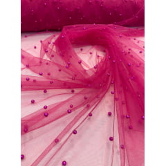 Tule Iluzione com Pérolas Pink - Largura 1,60 m x Comprimento 2,50 m  
