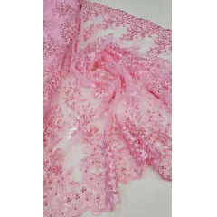 Tule Bordado com Pedrarias Rosa Bebê F18 - Largura  1,35 m x Comprimento 1 m 