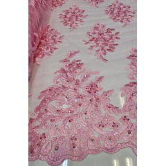 Tule Bordado com Pedrarias Rosa Bebê F18 - Largura  1,35 m x Comprimento 1 m 