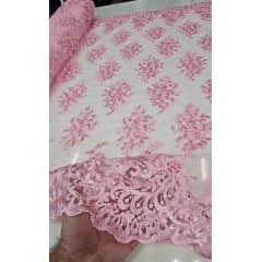 Tule Bordado com Pedrarias Rosa Bebê F18 - Largura  1,35 m x Comprimento 1 m 
