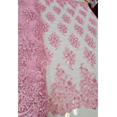 Tule Bordado com Pedrarias Rosa Bebê F18 - Largura  1,35 m x Comprimento 1 m 