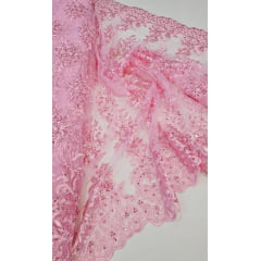 Tule Bordado com Pedrarias Rosa Bebê F18 - Largura  1,35 m x Comprimento 1 m 