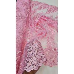 Tule Bordado com Pedrarias Rosa Bebê F18 - Largura  1,35 m x Comprimento 1 m 