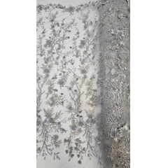 Tule Bordado com Pedrarias Premium 3D Prata Modelo 2301 - Largura 1,35 m x Comprimento 1,35 m 