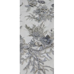 Tule Bordado com Pedrarias Premium 3D Prata Modelo 2301 - Largura 1,35 m x Comprimento 1,35 m 