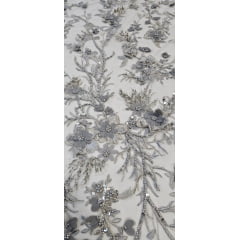 Tule Bordado com Pedrarias Premium 3D Prata Modelo 2301 - Largura 1,35 m x Comprimento 1,35 m 