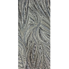 Tule Bordado Premium Elegance Paris Azul Serenity com Prata Modelo 01424 - Largura 1,30 m x Comprimento 0,70 cm