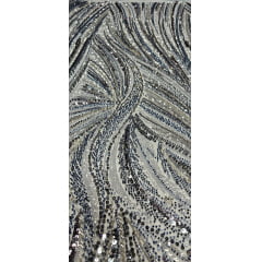 Tule Bordado Premium Elegance Paris Azul Serenity com Prata Modelo 01424 - Largura 1,30 m x Comprimento 0,70 cm