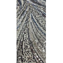 Tule Bordado Premium Elegance Paris Azul Serenity com Prata Modelo 01424 - Largura 1,30 m x Comprimento 0,70 cm