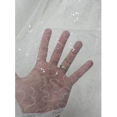 Tule Bordado Caminho Sem Fim Off White com Paetê Transparente  - Largura 1,60 m x Comprimento 1 m