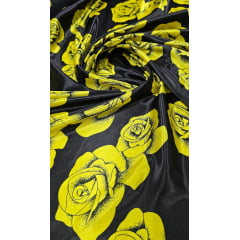 Cetim Estampado Fundo Preto Flores Amarelas - Largura 1,47 m x Comprimento 3,70 m