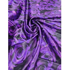 Cetim Estampado Digital Rosas Roxas COM CORTE TORTO  - Largura 1,47 m x Comprimento 3 m 