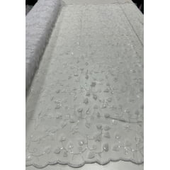 Tule Bordado 3D Floral Branco com Paetês Transparentes - Largura 1,30 m x Comprimento 1 m 