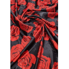 Cetim Estampado Fundo Preto Rosas Vermelhas COM RASGO NA BORDA - Largura 1,47 m x Comprimento 1 m 