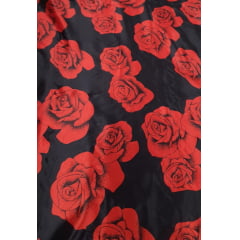 Cetim Estampado Fundo Preto Rosas Vermelhas COM RASGO NA BORDA - Largura 1,47 m x Comprimento 1 m 