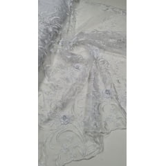 Tule Bordado 3D Branco Modelo FA20 - Largura 1,40 m x Comprimento 2,50 m 