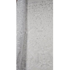 Tule Bordado Arabescos com Bico LS2321 BRANCO - Largura 1,30 m x Comprimento 1,50 m 
