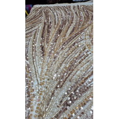 Tule Bordado com Pedrarias Premium Dourado HT97424  - Largura 1,30 m x Comprimento 0,65 cm