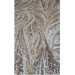 Tule Bordado com Pedrarias Premium Dourado HT97424  - Largura 1,30 m x Comprimento 0,65 cm