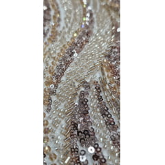 Tule Bordado com Pedrarias Premium Dourado HT97424  - Largura 1,30 m x Comprimento 0,65 cm