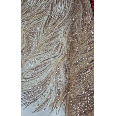 Tule Bordado com Pedrarias Premium Dourado HT97424  - Largura 1,30 m x Comprimento 0,65 cm