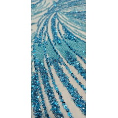 Tule Bordado Premium com Pedrarias Azul Turquesa HS1869  - largura 1,30 m x Comprimento 0,70 cm