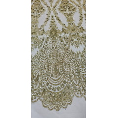 Tule Bordado com Glitter e Paetê Dourado Modelo 3563 - Largura 1,45 m x Comprimento 2 m 