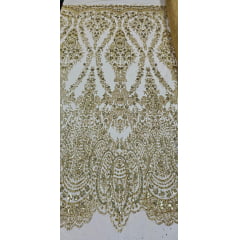 Tule Bordado com Glitter e Paetê Dourado Modelo 3563 - Largura 1,45 m x Comprimento 2 m 