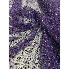 Tule Bordado com Paetês e Pedrarias Roxo Uva - Largura 1,30 m x Comprimento 2 m 