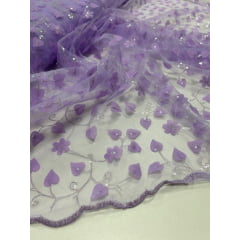 Tule Bordado 3D Floral Lilás com Paetês Transparentes - Largura 1,30 m x Comprimento 0,75 cm