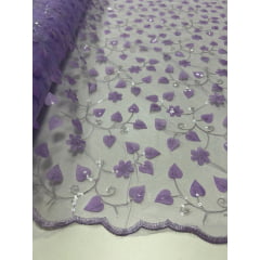 Tule Bordado 3D Floral Lilás com Paetês Transparentes - Largura 1,30 m x Comprimento 0,75 cm