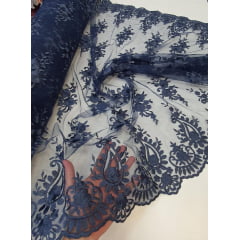 Tule Bordado com Bico Azul Marinho Modelo 02 COM RASGO - Largura 1,30 m x Comprimento 1 m 