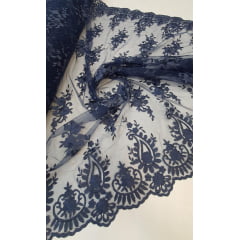 Tule Bordado com Bico Azul Marinho Modelo 02 COM RASGO - Largura 1,30 m x Comprimento 1 m 