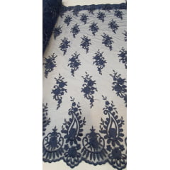 Tule Bordado com Bico Azul Marinho Modelo 02 COM RASGO - Largura 1,30 m x Comprimento 1 m 