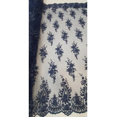 Tule Bordado com Bico Azul Marinho Modelo 02 COM RASGO - Largura 1,30 m x Comprimento 1 m 