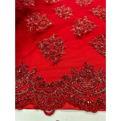 Tule Bordado Coreano Com Pedrarias Vermelho Cereja e Fio Metálico Dourado  - Largura 1,35 x Comprimento 0,70 cm