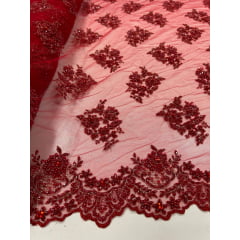 Tule Bordado Coreano Com Pedrarias Vermelho Cereja e Fio Metálico Dourado  - Largura 1,35 x Comprimento 0,70 cm