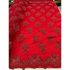 Tule Bordado Coreano Com Pedrarias Vermelho Cereja e Fio Metálico Dourado  - Largura 1,35 x Comprimento 0,70 cm